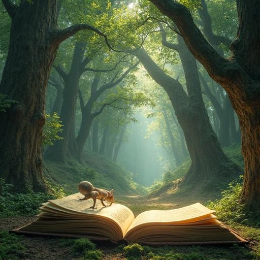 Photorealistic forest features towering trees surrounding a large open book. Creatures and objects emerge vividly from the pages of the book, creating a magical scene.