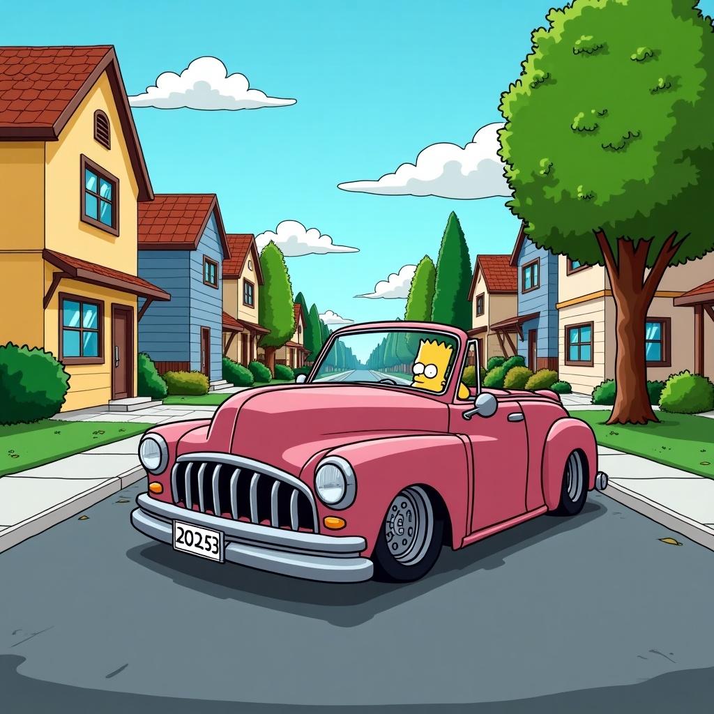 Modified car in front of a typical neighborhood with cartoon houses. Bart Simpson inside a pink car. Bright and colorful scene.