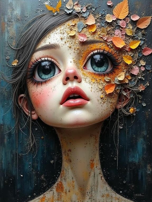 Oil painting featuring a girl's face surrounded by colorful leaves and textures. Mixed media elements include newspaper, jute fibers, and glitter. Textured with scratches and tears, emphasizing depth. Multilayered art with dark colors.