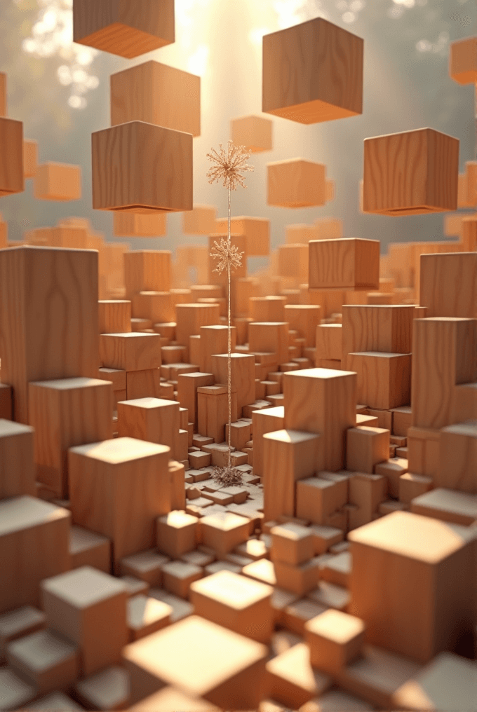 Wooden blocks of various sizes float and stack in a sunlit scene, featuring a tall plant at the center.