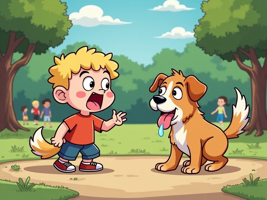 The image depicts a joyful scene in a park where a young boy with curly blonde hair is animatedly speaking to a friendly-looking dog. The boy is wearing a red shirt and blue shorts. The dog is a light brown color with white markings and has its tongue out, appearing playful. In the background, there are other children playing, adding a lively and cheerful atmosphere. The sky is clear with a few fluffy clouds, and the ground is a vibrant green. This illustration captures the innocence and excitement of childhood interactions with pets.