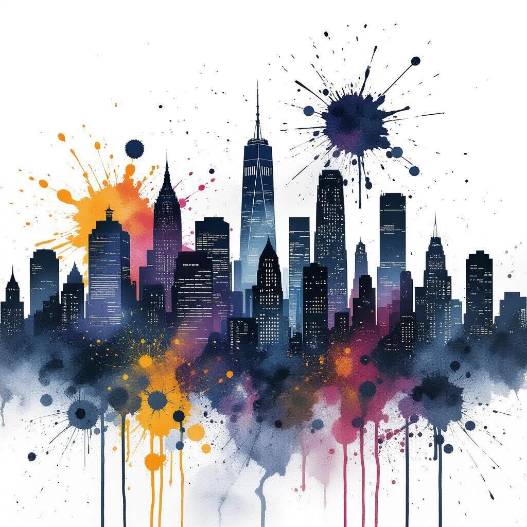 City skyline emerging from ink splatters and drips. Architectural forms appear through ink chaos. Metropolitan energy is expressed using explosive ink techniques. Silhouettes formed by splatter patterns. Contemporary urban abstraction with fluid ink dynamics. Masterpiece interpretation of city. Exhibition quality art.