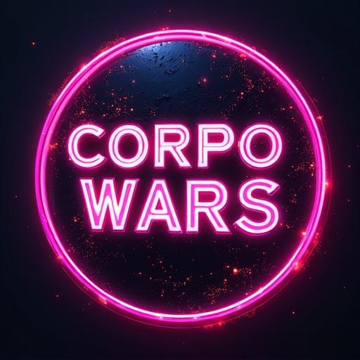 Round emblem in cyberpunk style featuring neon text 'Corpo Wars'. Bright colors with futuristic design elements. Dark background enhances the glow.