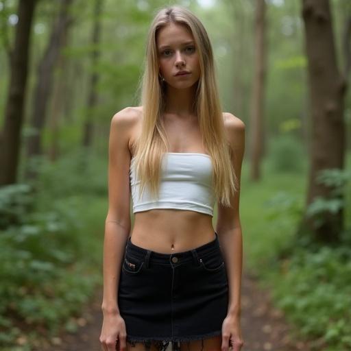 Skinny girl stands in a forest. She has long straight blonde hair. Wearing a black mini skirt and a white crop top. Looking off-camera with a relaxed posture. The scene captures with natural outdoor lighting. Slight motion blur gives an amateur photography vibe. Grainy texture and low contrast add to real-life composition.