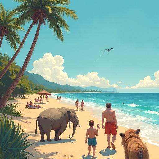 A vibrant beach scene depicting a family walking along the shore with an elephant and a lion. Palm trees lining the coast. Groups of people enjoying the beach. Lush green mountains in the background. Clear blue sky with fluffy white clouds.