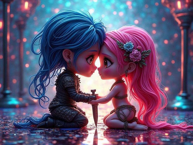 Chibi-style characters expressing love. One character is a warrior on knees in front of a female. The artwork is colorful with neon accents and has a mixed media feel.