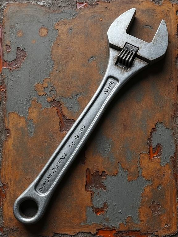 A wrench tool placed on a textured metal surface. The wrench has an adjustable jaw and a shiny silver finish. The background features an aged, rusty color with a worn texture.