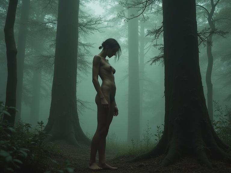 A model stands against tall trees in a misty ancient forest. The figure is presented in a way that accentuates natural beauty. Ethereal atmosphere surrounds. Deep greens and grays dominate.