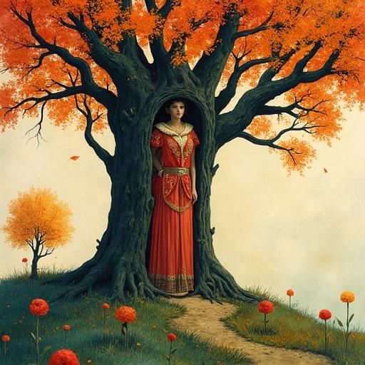 A unique art piece represents an anthropomorphic figure in a vibrant tree. The setting features colorful flowers and an enchanting path. Inspired by various renowned artists. Elements of Andean culture are reflected in the design.