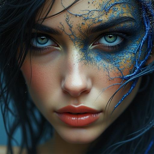 A portrait of a beautiful woman featuring a melting effect. The face has artistic makeup with vibrant deep colors.