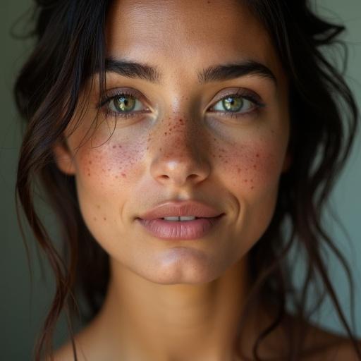 Close-up portrait of a woman. She has freckles and wet hair. Natural makeup is applied. Soft lighting is used. The photo has a shallow depth of field. The image is taken on a Canon DSLR in 4K quality.