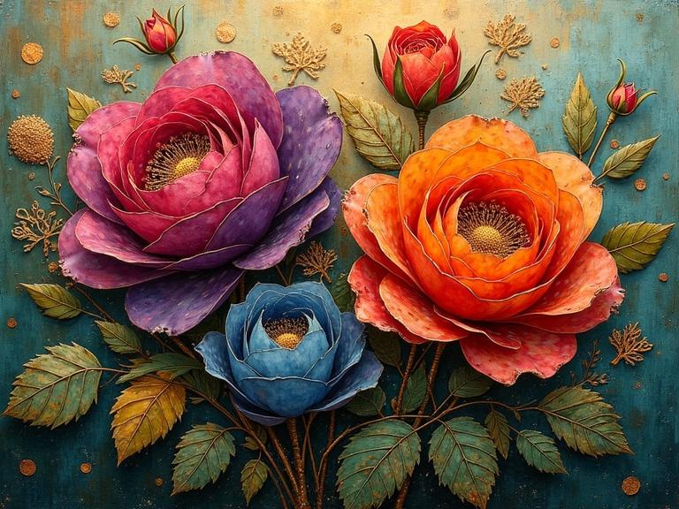 3D multi-layered roses artwork featuring vibrant colors and intricate details. Mixed media composition with elements like textured materials, glass-like petals, and decorative gold accents. Background features abstract blending colors. Beautiful and sophisticated floral design with a magical, stunning composition.