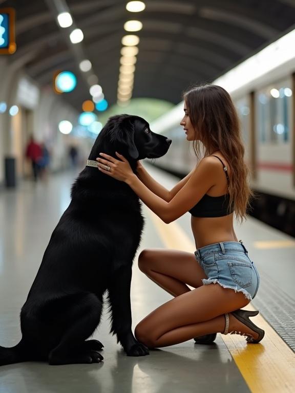 A woman kneeling and petting a black dog in a train station. She wears shorts and is engaged with the dog. The focus is on their connection.