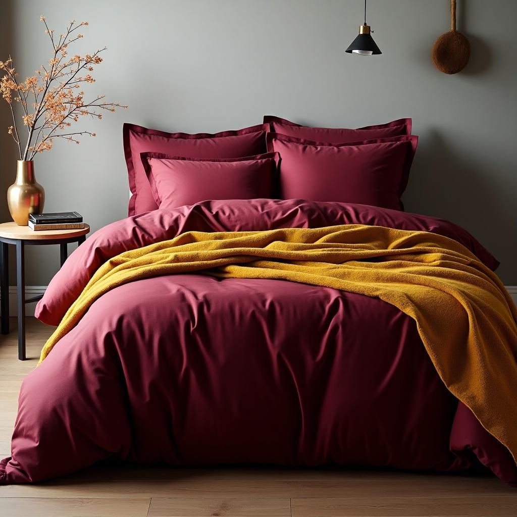 Burgundy comforter lays on bed. Mustard throw blanket drapes over the comforter. Pillows in matching color are arranged on top. Decorative vase with branches stands on side table. Warm and inviting bedroom atmosphere.