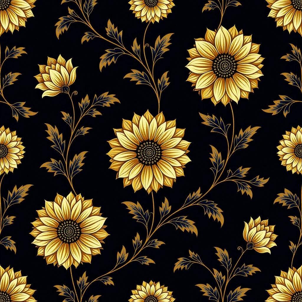 A vintage style decorative design features a black background covered with numerous gold floral patterns. Large sunflowers and various small flowers intertwine with leaves, creating a complex and elegant visual effect. The overall design evokes a classical and luxurious feel, suitable for wallpapers, upholstery, or art pieces.