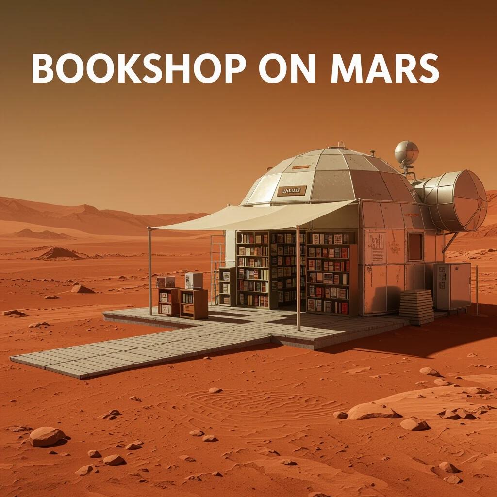 A unique bookshop is situated on Mars. The design is modern with shelves full of books. The landscape features red soil and distant mountains. Clear blue sky above with a hint of science fiction aesthetics.