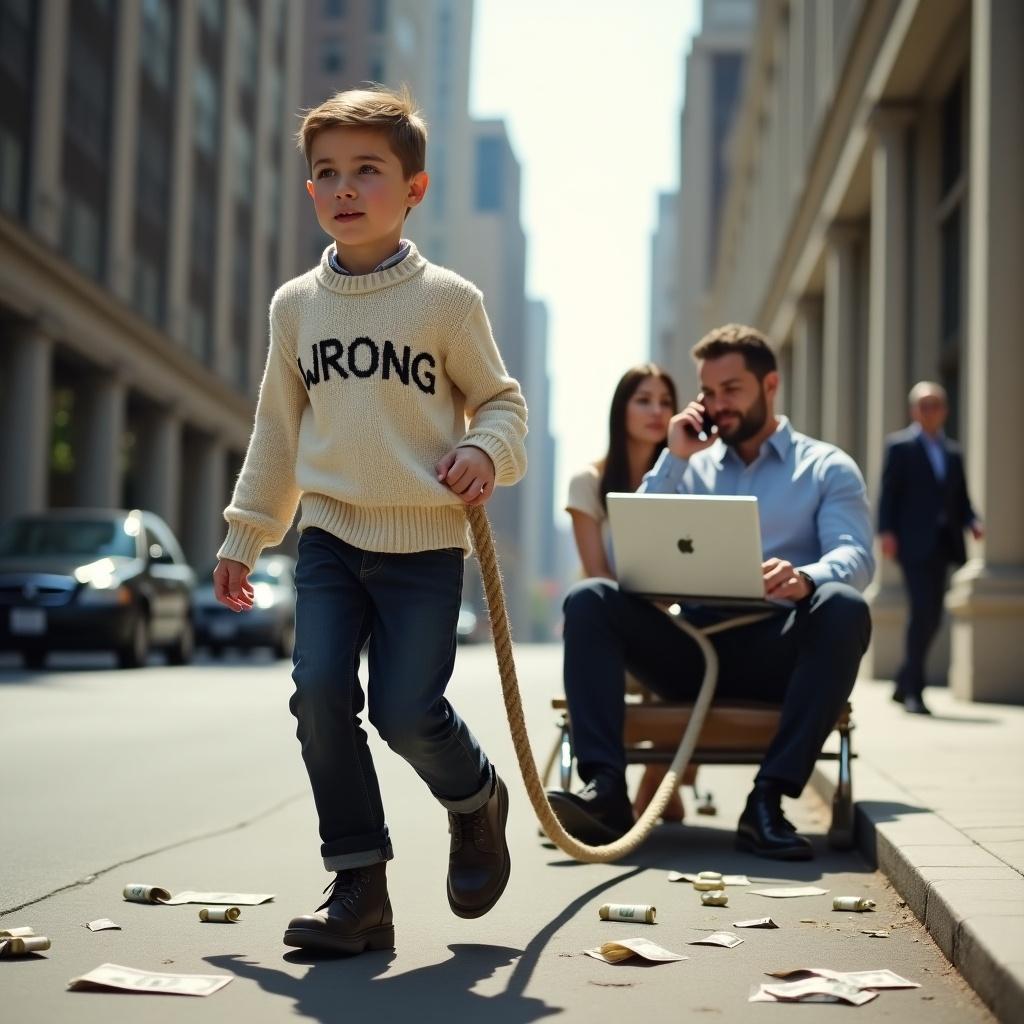 Realistic city street scene on a sunny day. A 7-year-old boy walks forward pulling a wooden sled. He wears a hand-knitted cream sweater with 'WRONG' stitched on it, dark jeans, and scuffed boots. His face shows effort as he drags the sled with his parents seated on it, both absorbed in work with laptops and smartphones. The urban setting features tall buildings, clean sidewalks, and scattered dollar bills on the ground. Lighting is soft and natural with realistic shadows. The scene is photorealistic with clear details and no exaggerated effects.