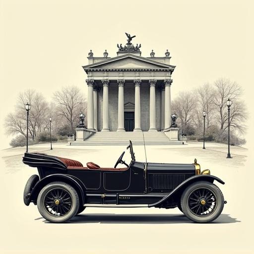 Image of a classic convertible car from the early 20th century. Car features elegant lines leather seats long hood and spoke wheels. Background includes a large neoclassical building in a sketched style. Car is drawn with bold lines and shadows to highlight its details.