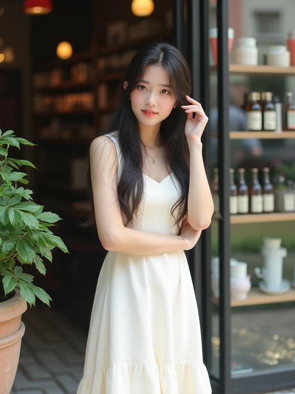 Young woman with long dark hair wearing a white dress standing outdoors with hand near head in front of a glass window displaying shop items. Gentle expression with slight head tilt. Large potted plant on left, tiled floor visible, high detail 4K image.