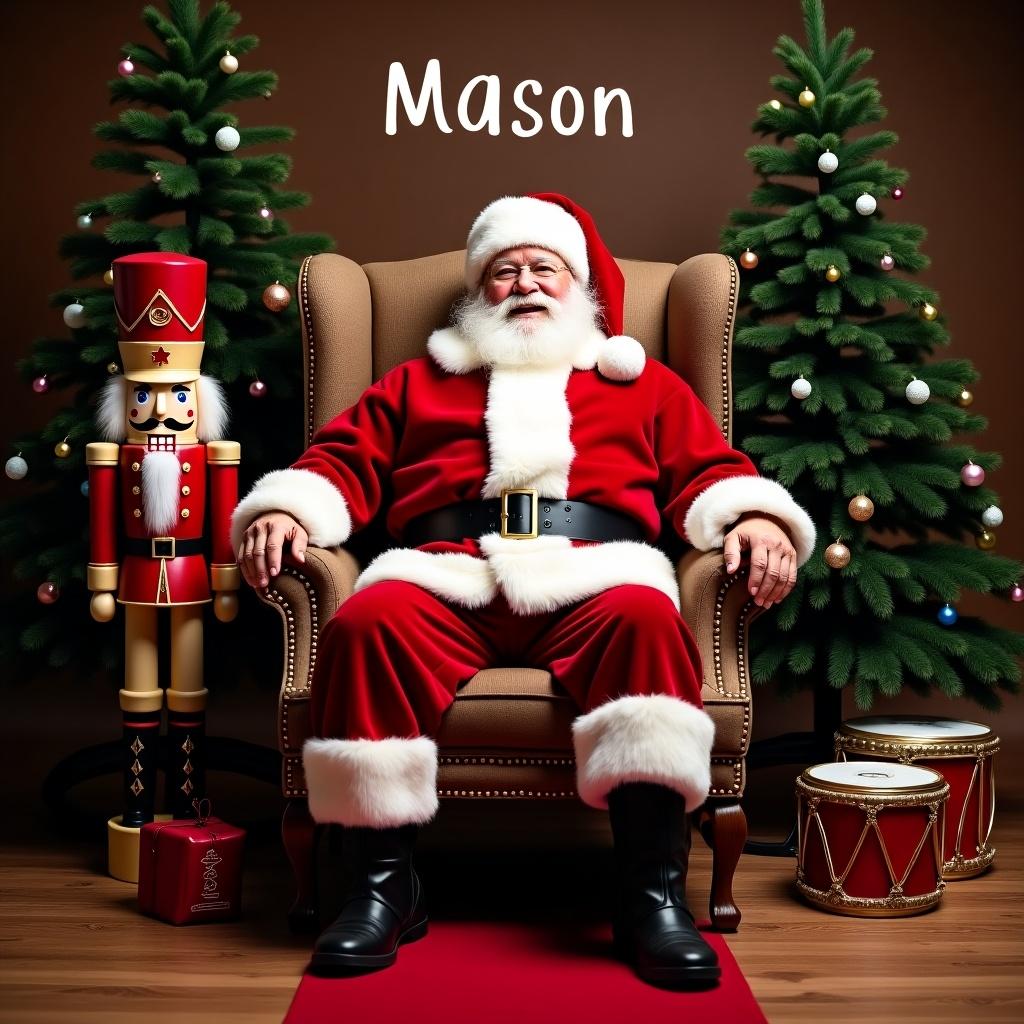 Image features Santa Claus seated in regal chair dressed in red suit with white beard and black boots beside him a nutcracker soldier plush Christmas trees in background red carpet leading up to Santa traditional drum decorations nearby warm inviting atmosphere festive season