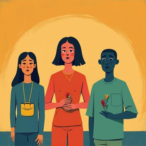 Illustration of metaphoric genderless young figures. Colorful and hopeful imagery. Inspired by the style of Michael Dudok de Wit. Figures hold small plants. Minimalist background with warm colors.