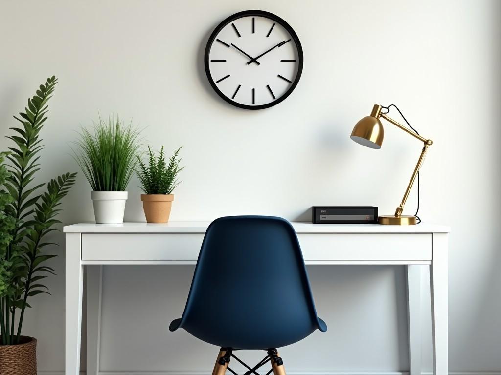 A minimalist and modern home office setup with a white desk, blue chair, gold lamp, indoor plants, and wall clock.