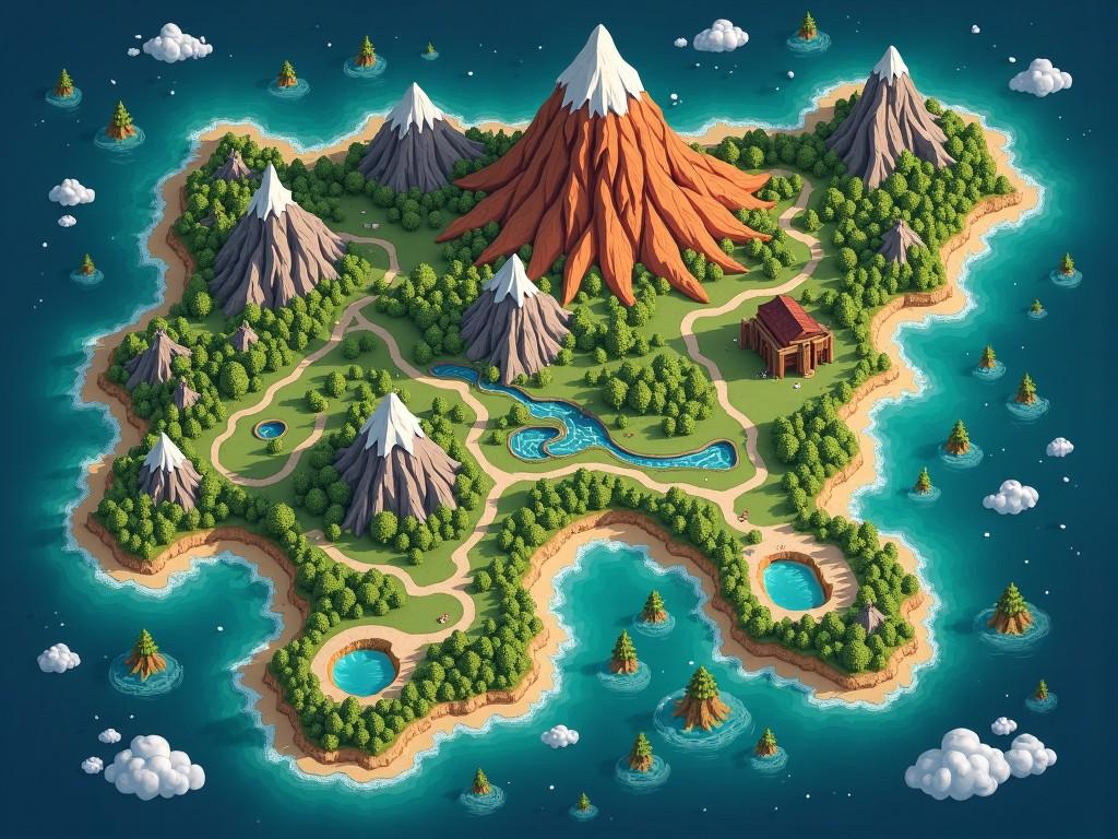 Create a top-down map for Mystimon, a game similar to Pokémon. The map features diverse biomes including lush Emerald Valley, fiery Inferno Ridge with molten rivers, and coastal Aqua Bay with lagoons. Golem’s Hollow offers rugged terrain, while Skyfall Cliffs has high peaks with strong winds. Explore Stormcall Plains with frequent lightning strikes, and discover the Frozen Fjord's snow-covered lakes. The dreamlike Astral Veil is filled with glowing crystals, and Drake’s Spire showcases dragon carvings. Other areas include the toxic Venom Swamp, industrial Iron Valley, eerie Shadowmere, cosmic Celestial Expanse, battling Warrior’s Arena, calm Meadow Plains, dense Bugwood Thicket, rough Granite Gorge, enchanting Enchanted Glade, and misty Wraithlands with eerie shadows.