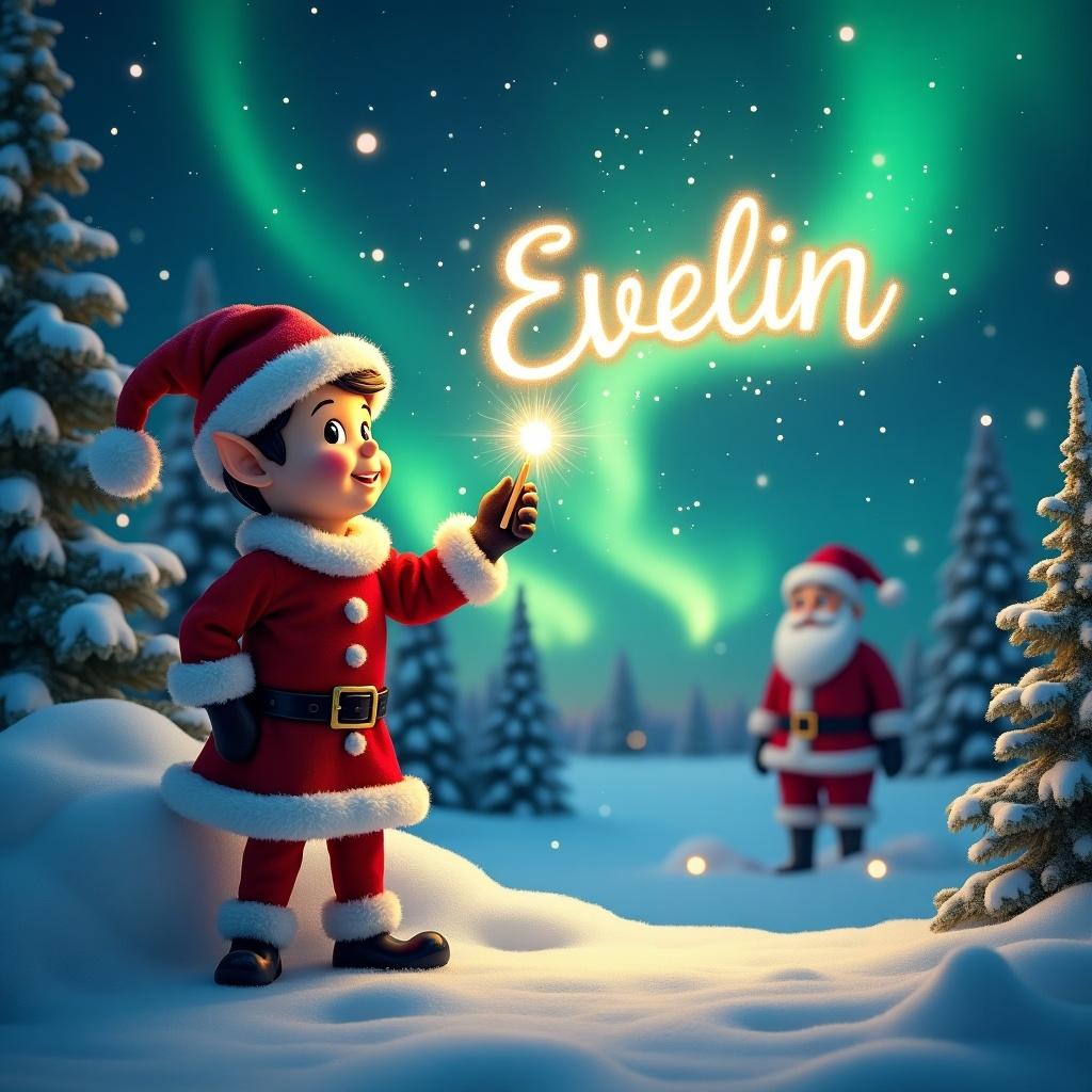 A festive Christmas scene features an adorable elf on the shelf standing in snow. The elf is playing with a magic wand, elegantly writing the name 'Evelin' in the starry sky. The backdrop is enchanting with vibrant northern lights glowing above. In the background, Santa Claus can be seen, adding a whimsical touch. The soft blanket of snow covers the ground, enhancing the winter wonderland ambiance. The elf is dressed in traditional holiday attire, radiating joy and cheerfulness.