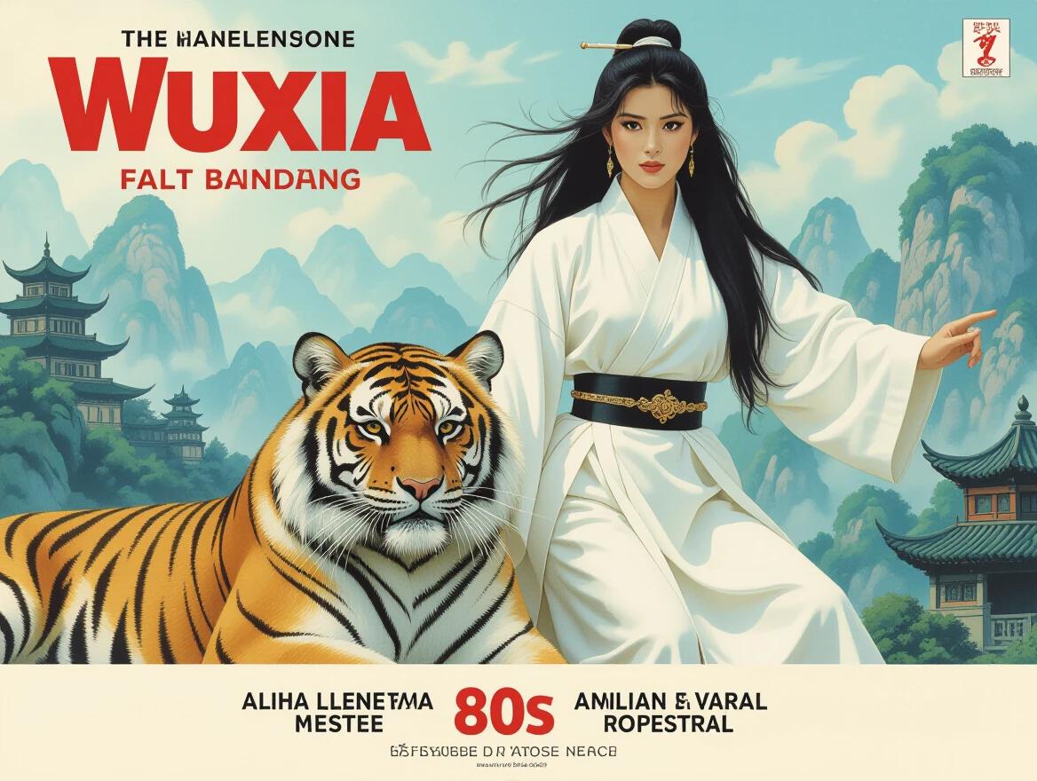 Full body woman in white clothing with long hair next to a tiger. Inspired by 80s action movie posters with Wuxia theme in Portugal.