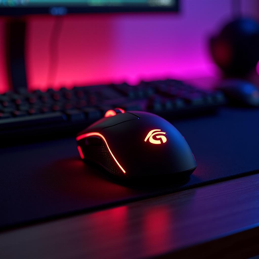 RGB gaming mouse with red lighting on a desk. Keyboard visible in the background. Ambient lighting in pink and purple hues.