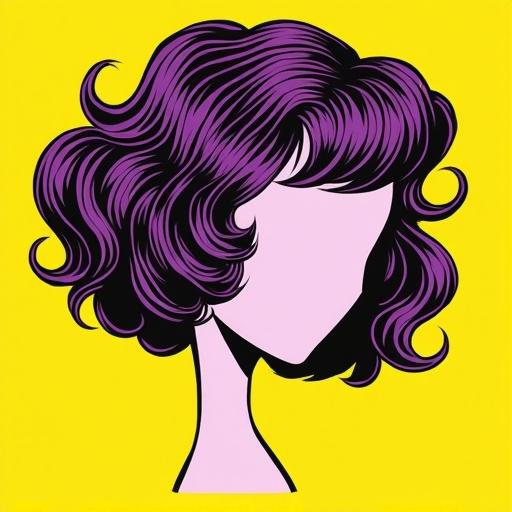 Stylized voluminous curly hairstyle. Vibrant lilac with black streaks. Loose spring coils. Curls appear slightly messy with playful strands. Hair on simplified head shown in three-quarter view. Head is a featureless contour. Neutral placeholder for shape and angle. Image has clear linework and high contrast. Yellow background with centered composition.