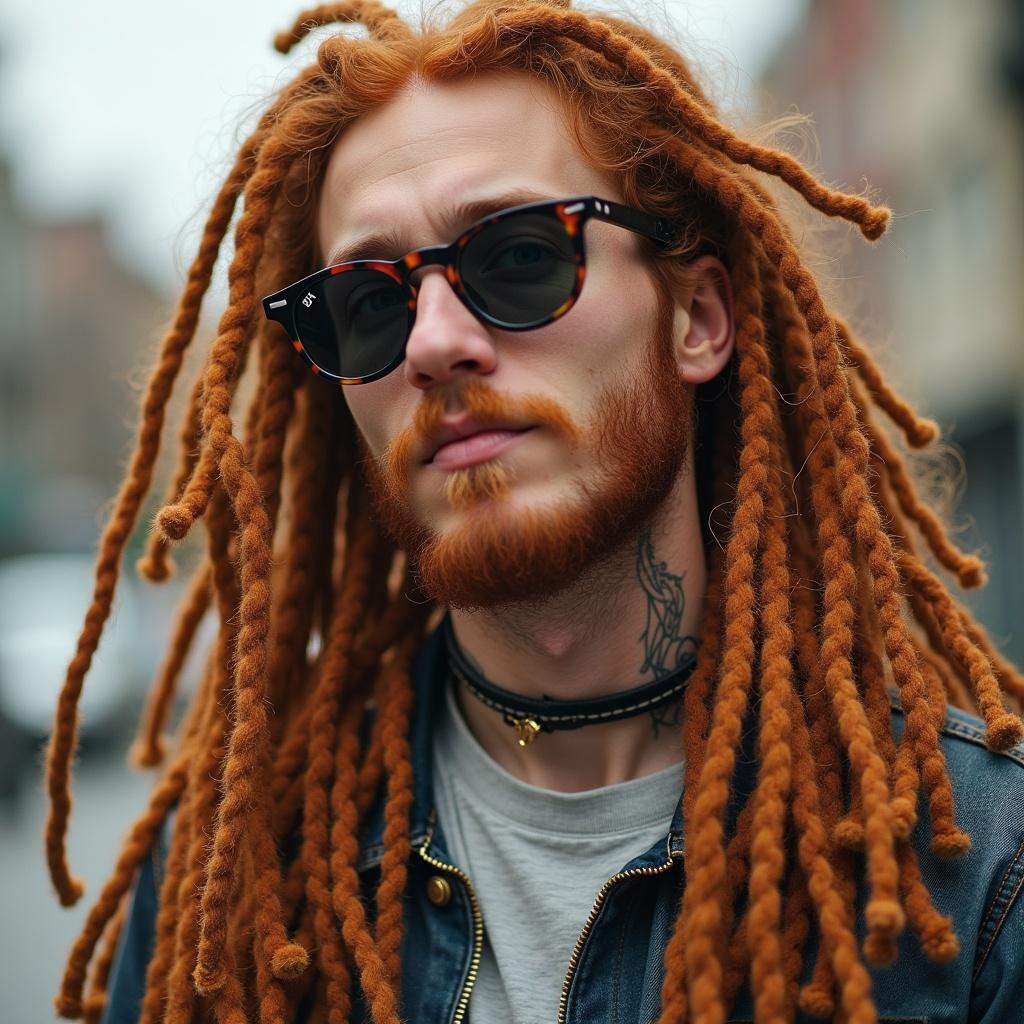 Long ginger hair with locks. Cool personality. Skateboarder vibe.