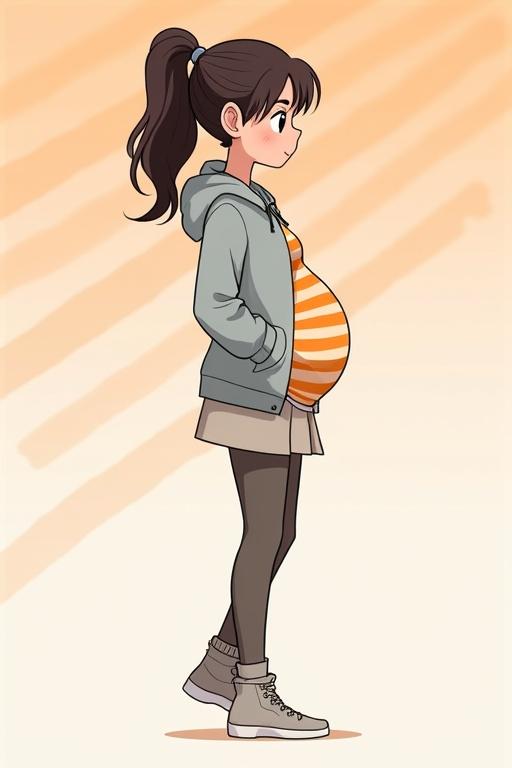 Anime-style illustration of a pregnant character. Brunette with ponytail. Wears a gray hoodie and orange striped shirt. Light brown mini-skirt and leggings. Stands in profile. Background with orange and white stripes.