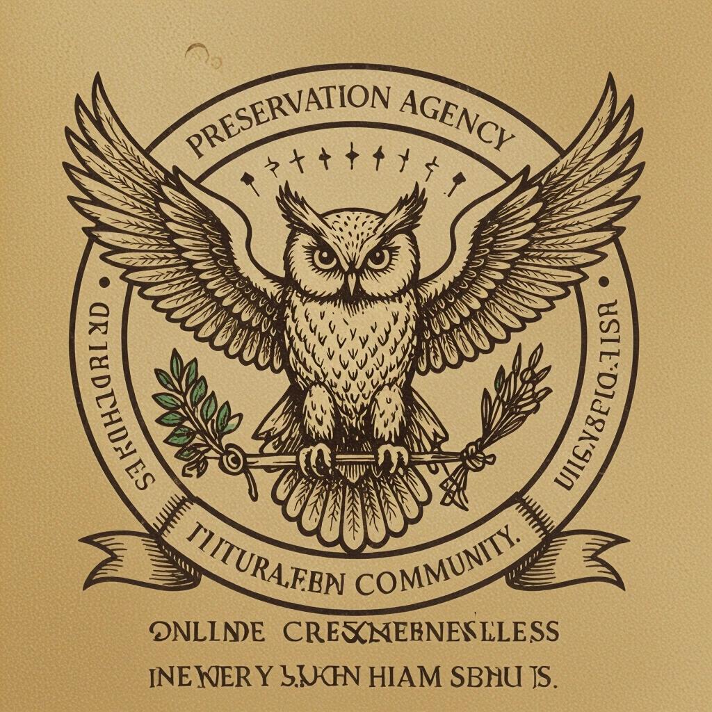 Logo design for preservation agency featuring an authoritative owl with inscriptions on its wings. Emphasis on preserving online communities and historical narratives.