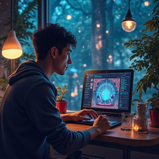 A person plays a pixel game on a laptop. The setting is a cozy home office with plants. Ambient lighting creates a warm atmosphere. The laptop displays colorful pixel graphics. Soft natural light comes through the window.