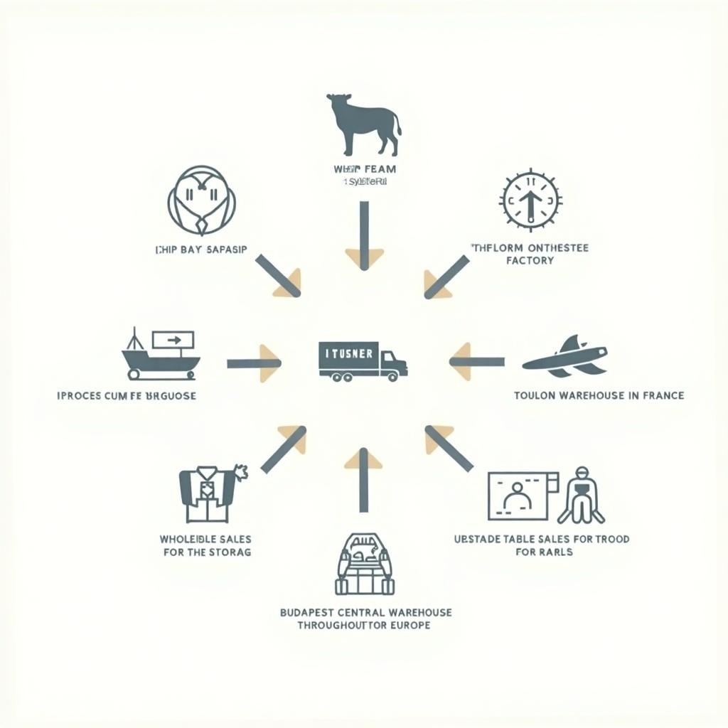 Interactive diagram showing suppliers in Senegal and Turkey for organic cotton production. Transport methods include boat delivery to Lisbon, truck to Barcelos, road to Toulon, wholesale sales, direct online sales, airfare to Budapest central warehouse, then road distribution across Europe.