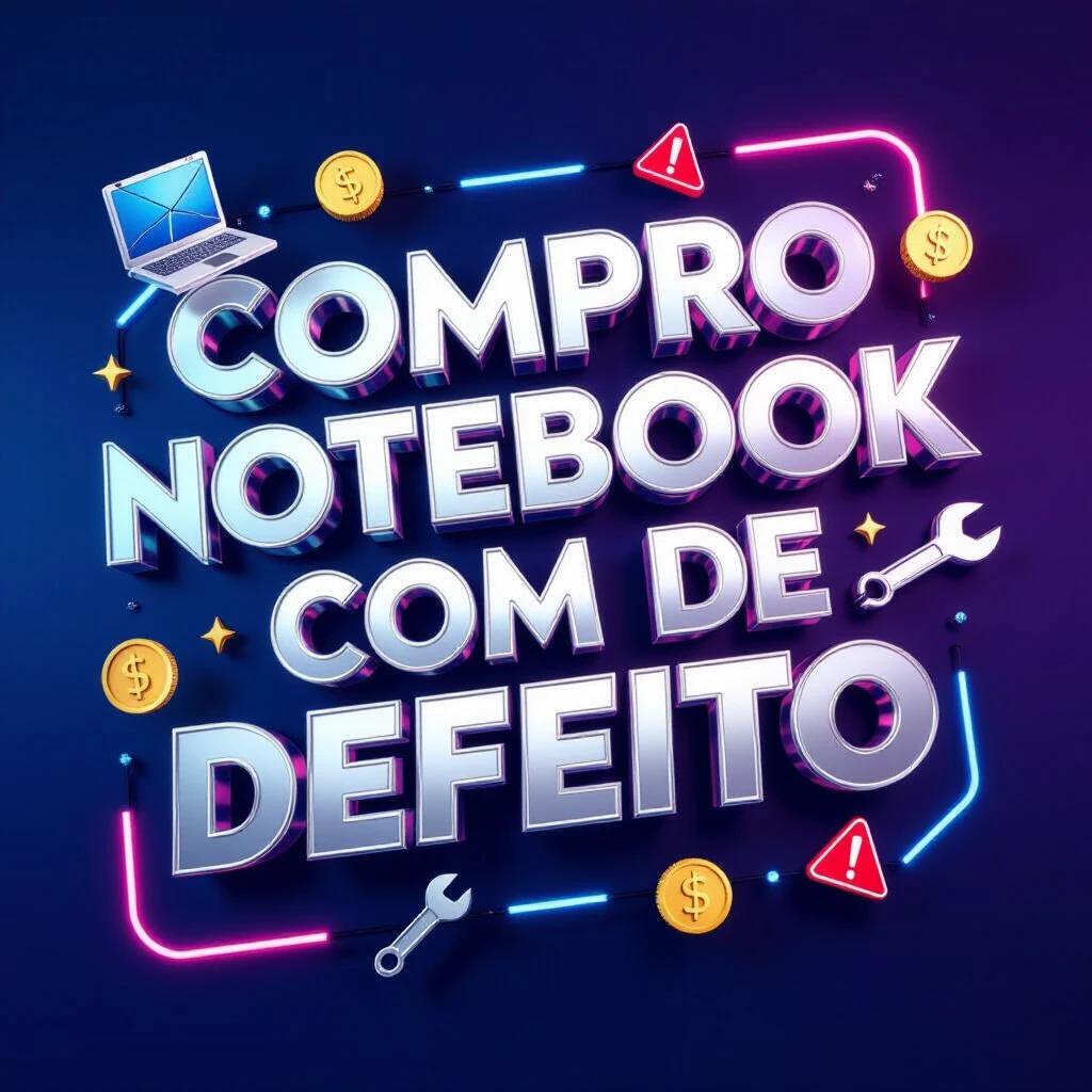Create a 3D rendered advertisement image. Text: 'COMPRO NOTEBOOK COM DEFEITO'. Use bold, metallic typography with chrome finish and realistic shadows. Surround with floating 3D icons: cracked notebook, golden reais, repair tools, warning symbols. Dark blue to purple gradient background with neon lighting.