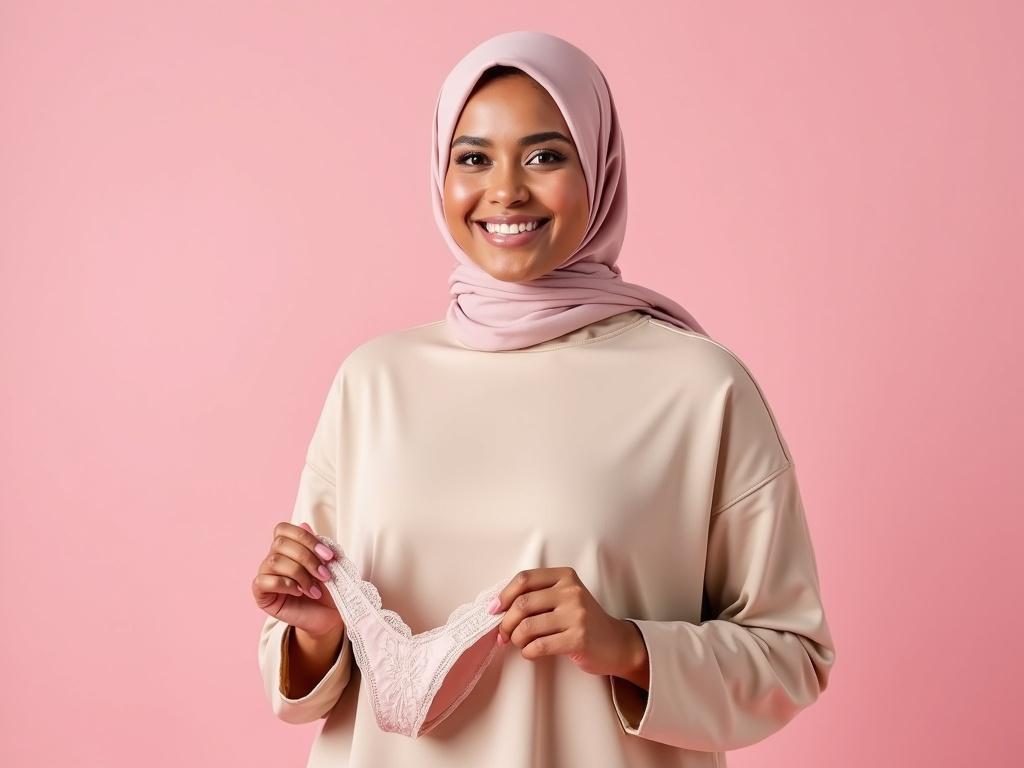 A smiling woman wearing a light pink hijab and a beige top with long sleeves stands against a soft pink background. She has a curvy figure and is holding a piece of lingerie in front of her. The lighting is bright and even, highlighting her features and creating a glossy effect on her skin.