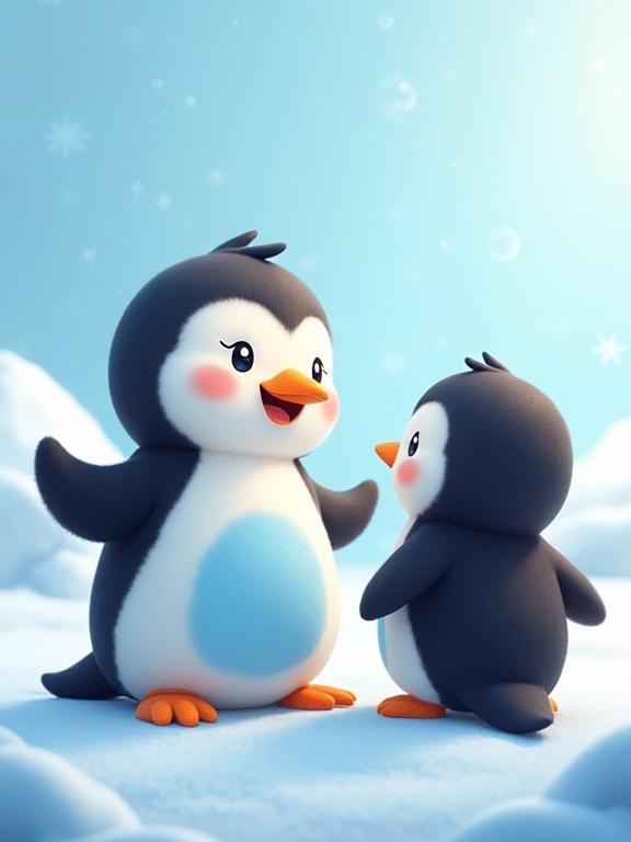 A cute, chubby penguin named Blizzard shown in two poses. One pose facing forward with sparkling eyes and a playful smile. The second pose showing him facing backward. Background of a soft-toned icy landscape.
