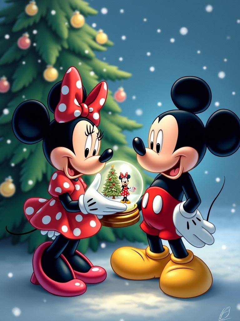 Mickey Mouse character holds a Christmas snow globe. Minnie Mouse stands next to a decorated tree. Background features snowflakes and festive decorations. Scene conveys warmth and whimsy.