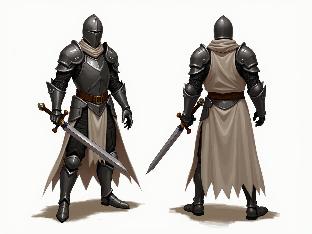 This image features a detailed digital illustration of a fantasy knight depicted in loosely fitted armor. The knight is shown in both front and back views, holding a sword that suggests readiness for battle. The armor is a mix of shiny silver and gray tones, complemented by a beige cloak that flows gracefully from the shoulders. The neutral background ensures that the focus remains on the knight's intricate design and weapon. Overall, the illustration portrays a classic representation of a heroic figure in fantasy settings.