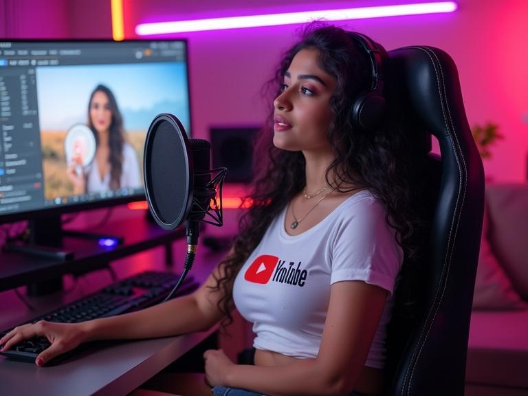 A girl with long curly hair sings in a hi-tech YouTube studio. She wears a stylish low-cut white t-shirt with the YouTube logo. The studio is illuminated with neon lights. She sits by a gaming chair looking at the camera with a microphone in front.