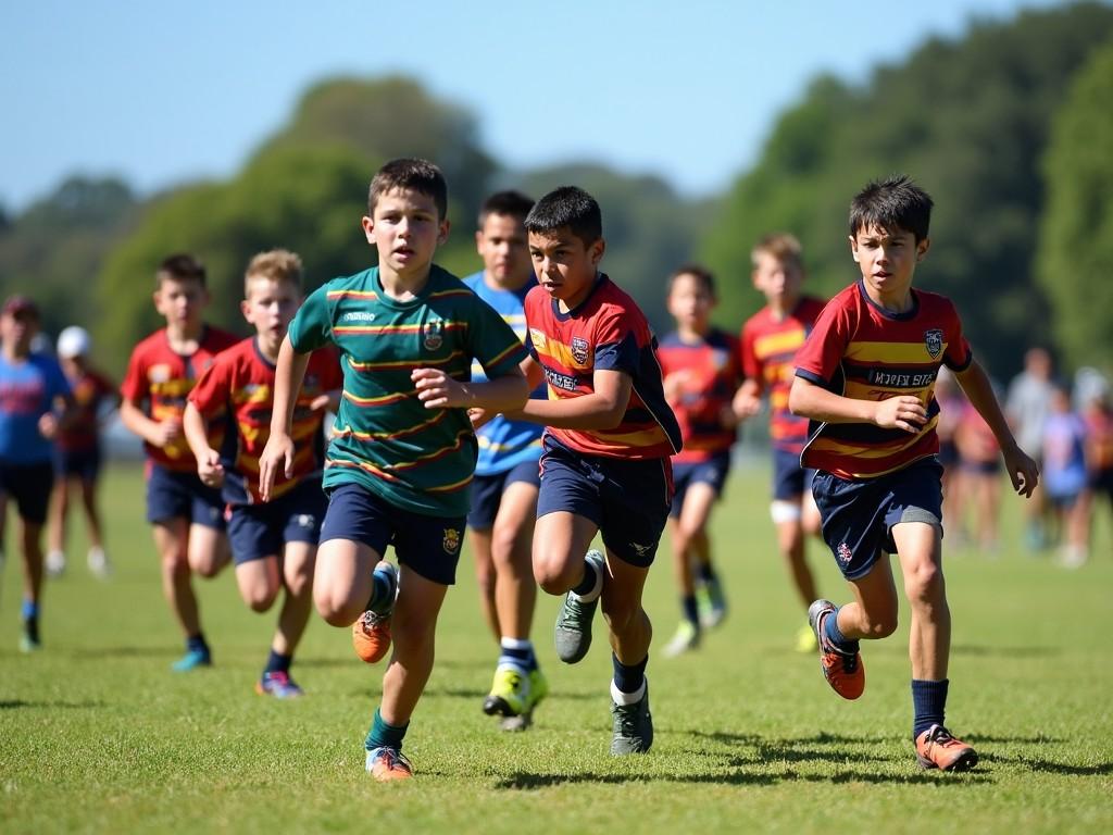 This image showcases a group of young boys actively participating in a U13 rugby match. The scene is full of energy as they race across a grassy field, demonstrating teamwork and sportsmanship. With vibrant colors in their jerseys, the players are engaged in spirited competition. The photograph captures the essence of youth sports, highlighting the joy and excitement of playing rugby. This setting is likely a local event in Ngarukue, uniting the community through sports.