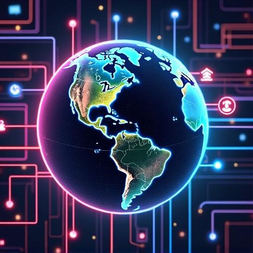 A globe with detailed map markings is centered in the image. It is surrounded by a complex network of glowing neon-colored circuit lines. The lines are bright cyan, pink, and magenta, forming a dynamic background. The globe features various shades of blue, green, and orange. There are abstract icons scattered throughout the circuit network. The backdrop is deep dark blue. Circular glow effects surround the globe with a subtle depth-of-field. The overall style is futuristic and evokes global connectivity.