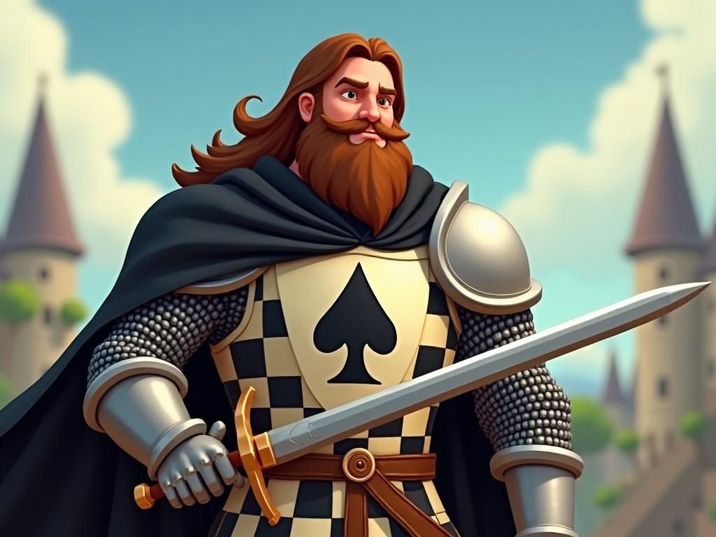 A valiant knight stands confidently, adorned in shining armor and a flowing cloak. He has long brown hair and a thick beard, giving him a noble appearance. In one hand, he holds a sword, while the other rests at his side. The background features majestic castles and a clear blue sky. This character embodies bravery and chivalry, set in a whimsical fantasy world. His cape flutters lightly in the wind, enhancing the heroic feeling.