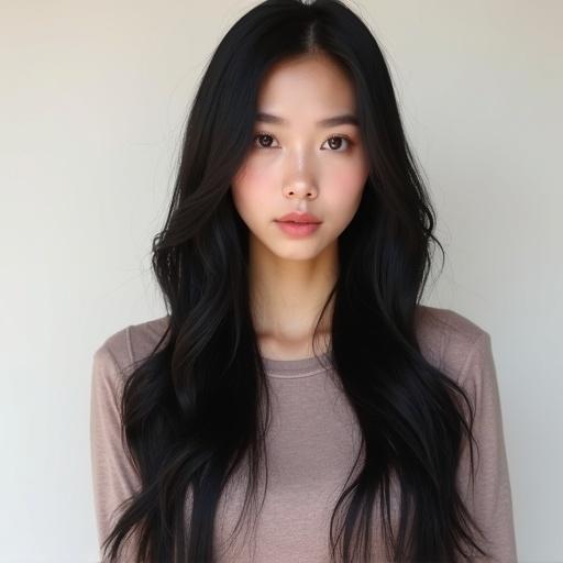 Generate an image of a young Asian influencer with long straight jet-black hair with soft waves at the ends. She has delicate Asian features, fair skin, and large expressive eyes. Standing against a minimalist background with soft lighting and pastel tones in the style of professional social media photography.