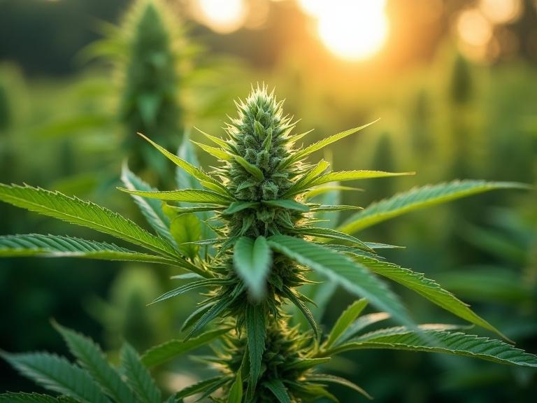 Detailed image of a healthy cannabis flower illuminated by warm sunlight