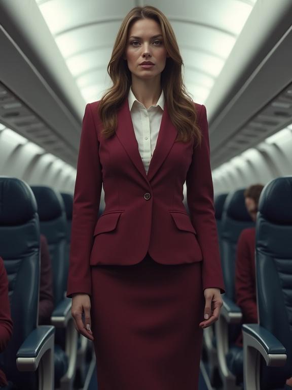 A flight attendant stands confidently in the aisle of an airplane. She has brown hair and wears a formal red uniform. The interior of the aircraft shows rows of seats. The overall setting is clean and organized.