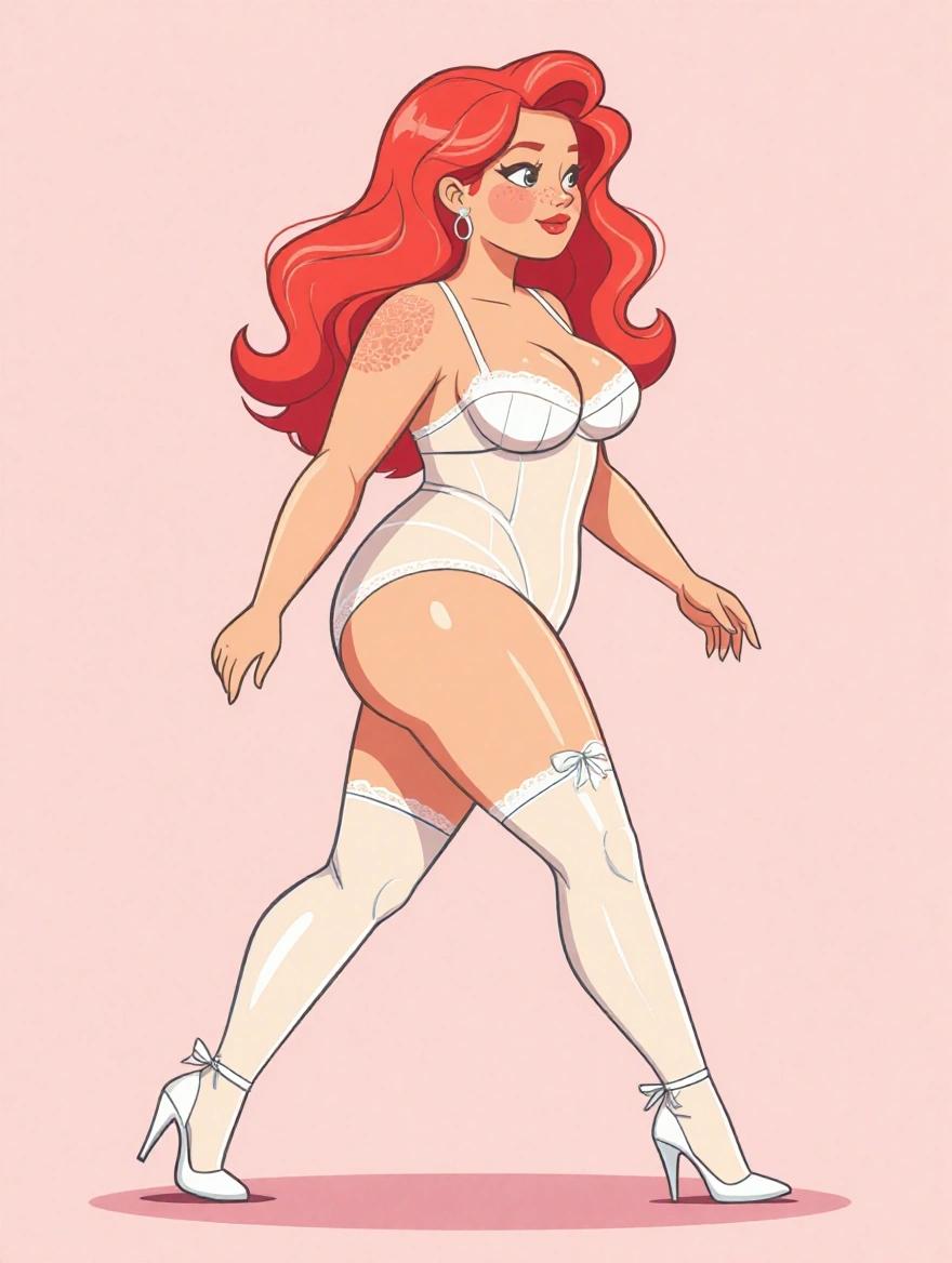 A drawing of a cute, plump girl walking in white lingerie, white stockings, and high heels. She has red hair and freckles. Background is pastel pink. View is from the side.