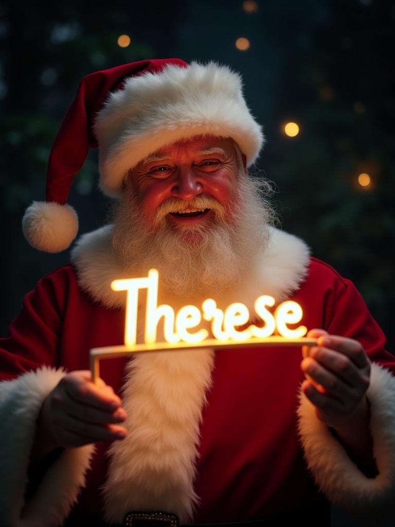 Santa Claus in a red and white suit holds a glowing stick featuring the name 'Therese'. Santa is smiling. Dark background enhances the glow of the name. The image captures Christmas magic and joy.